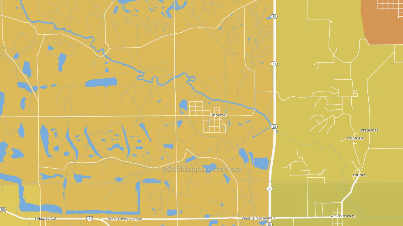Map of the best neighborhoods in the Universal area, with better matches in green and worse matches in red
