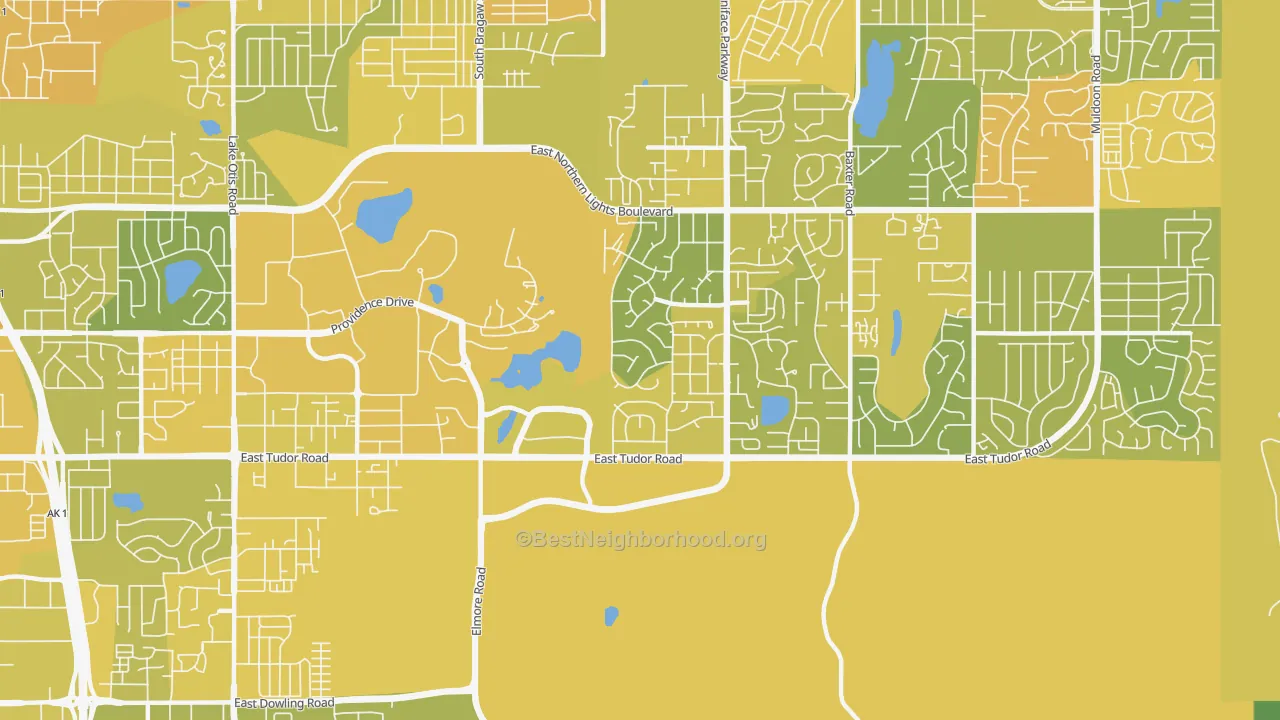 Map of the best neighborhoods in the University Area, Anchorage area, with better matches in green and worse matches in red