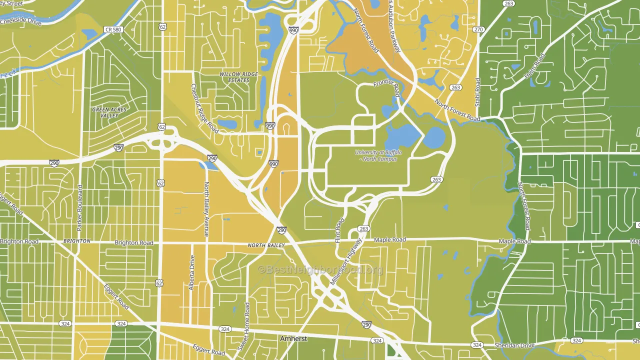 Map of the best neighborhoods in the University at Buffalo area, with better matches in green and worse matches in red