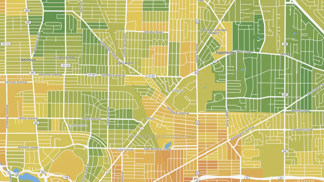 Map of the best neighborhoods in the University, Buffalo area, with better matches in green and worse matches in red