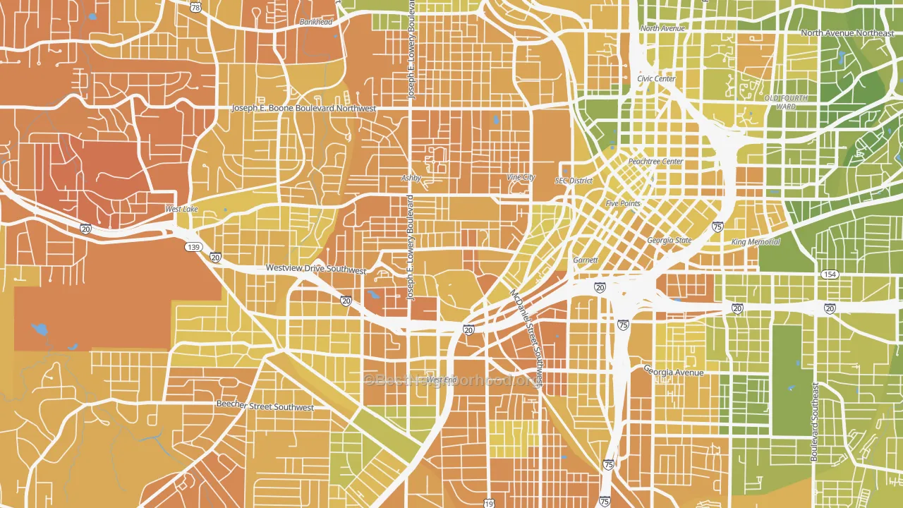 Map of the best neighborhoods in the University Center, Atlanta area, with better matches in green and worse matches in red