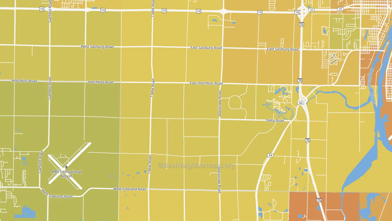 Map of the best neighborhoods in the University Center area, with better matches in green and worse matches in red