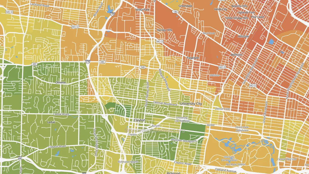 Map of the best neighborhoods in the University City area, with better matches in green and worse matches in red