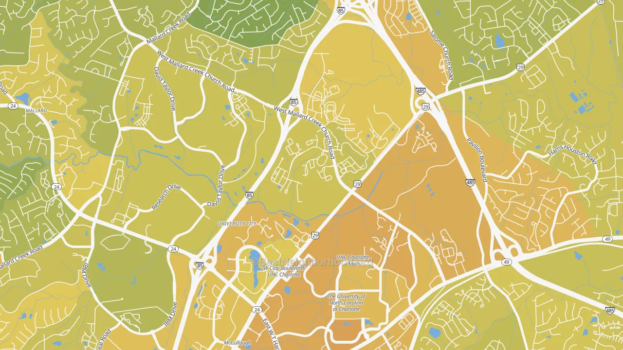 Map of the best neighborhoods in the University City North, Charlotte area, with better matches in green and worse matches in red