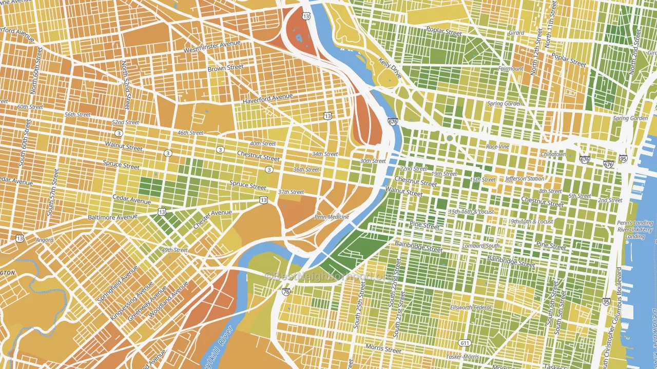 Map of the best neighborhoods in the University City, Philadelphia area, with better matches in green and worse matches in red