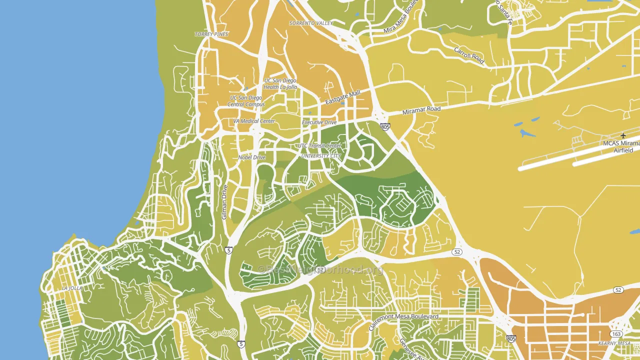Map of the best neighborhoods in the University City, San Diego area, with better matches in green and worse matches in red
