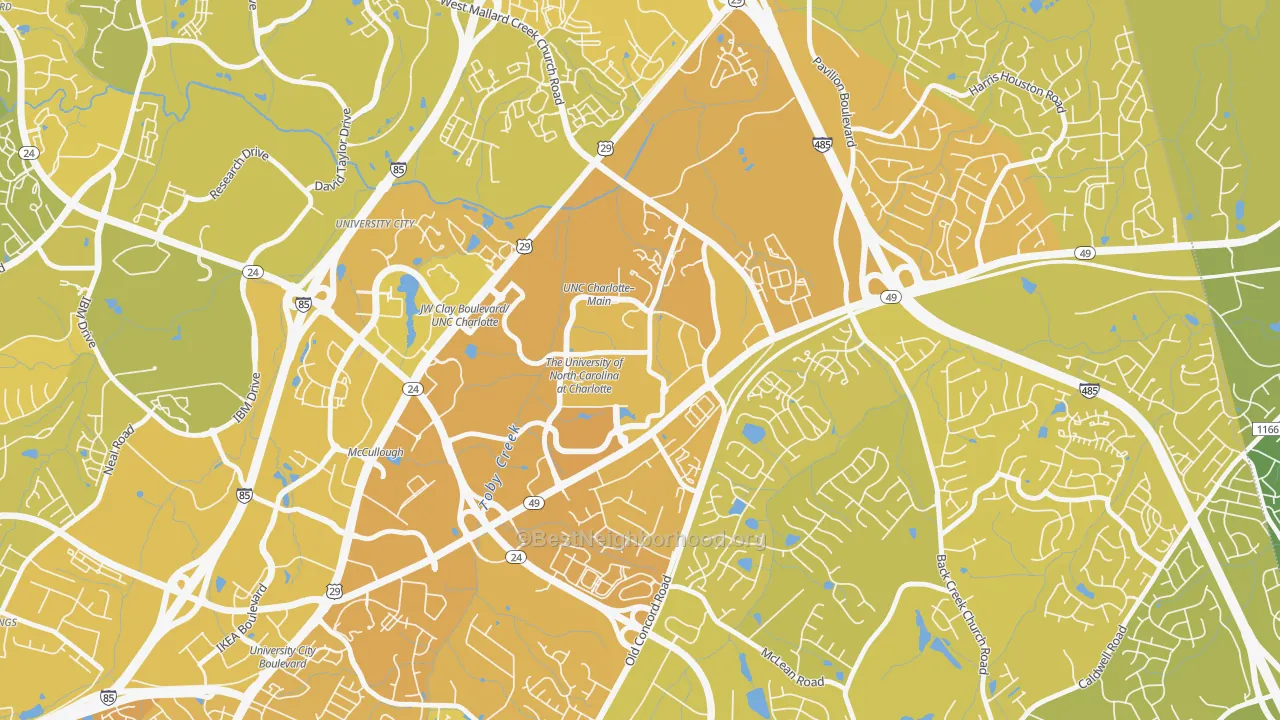 Map of the best neighborhoods in the University City South, Charlotte area, with better matches in green and worse matches in red
