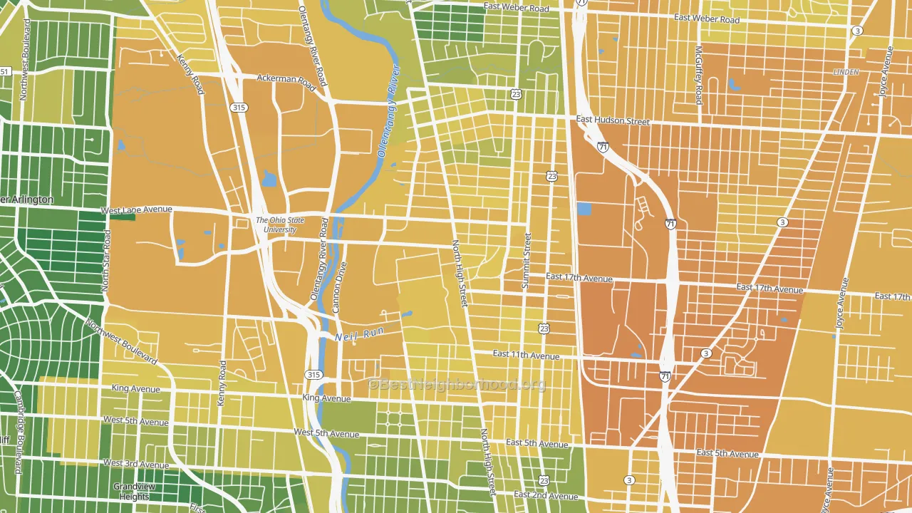 Map of the best neighborhoods in the University, Columbus area, with better matches in green and worse matches in red