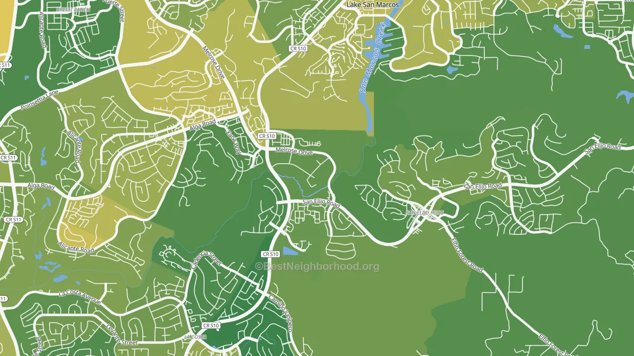 Map of the best neighborhoods in the University Commons, San Marcos area, with better matches in green and worse matches in red
