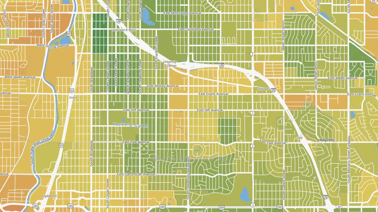 Map of the best neighborhoods in the University, Denver area, with better matches in green and worse matches in red
