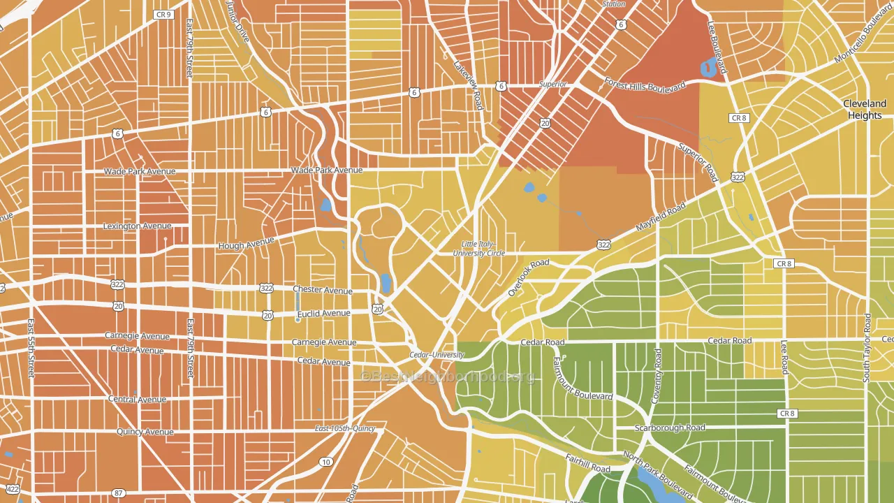 Map of the best neighborhoods in the University District, Cleveland area, with better matches in green and worse matches in red