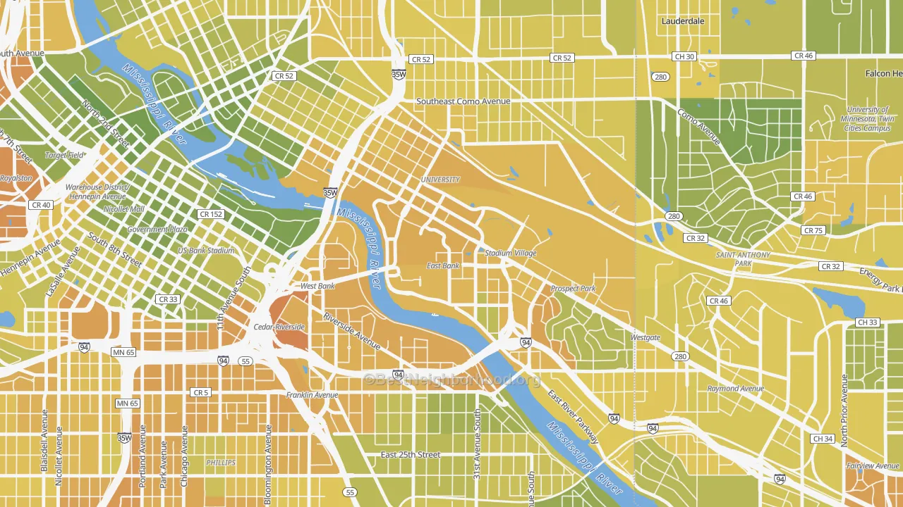Map of the best neighborhoods in the University District, Minneapolis area, with better matches in green and worse matches in red
