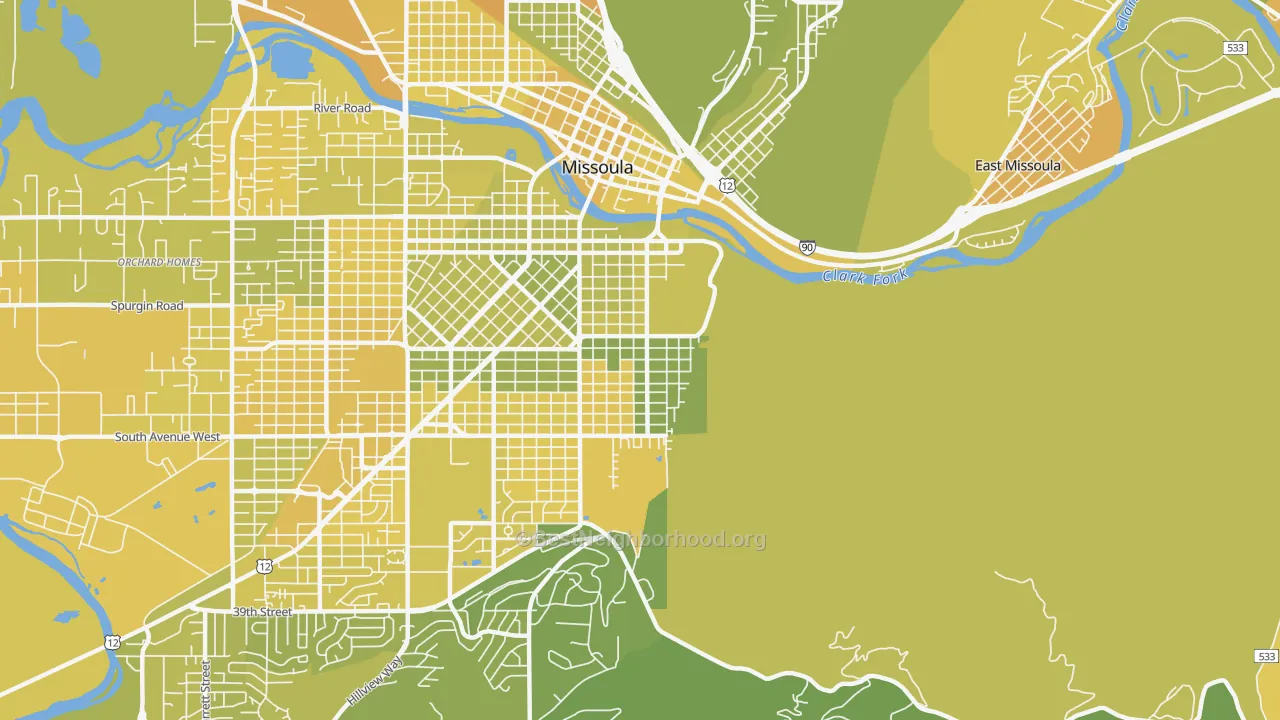 Map of the best neighborhoods in the University District, Missoula area, with better matches in green and worse matches in red
