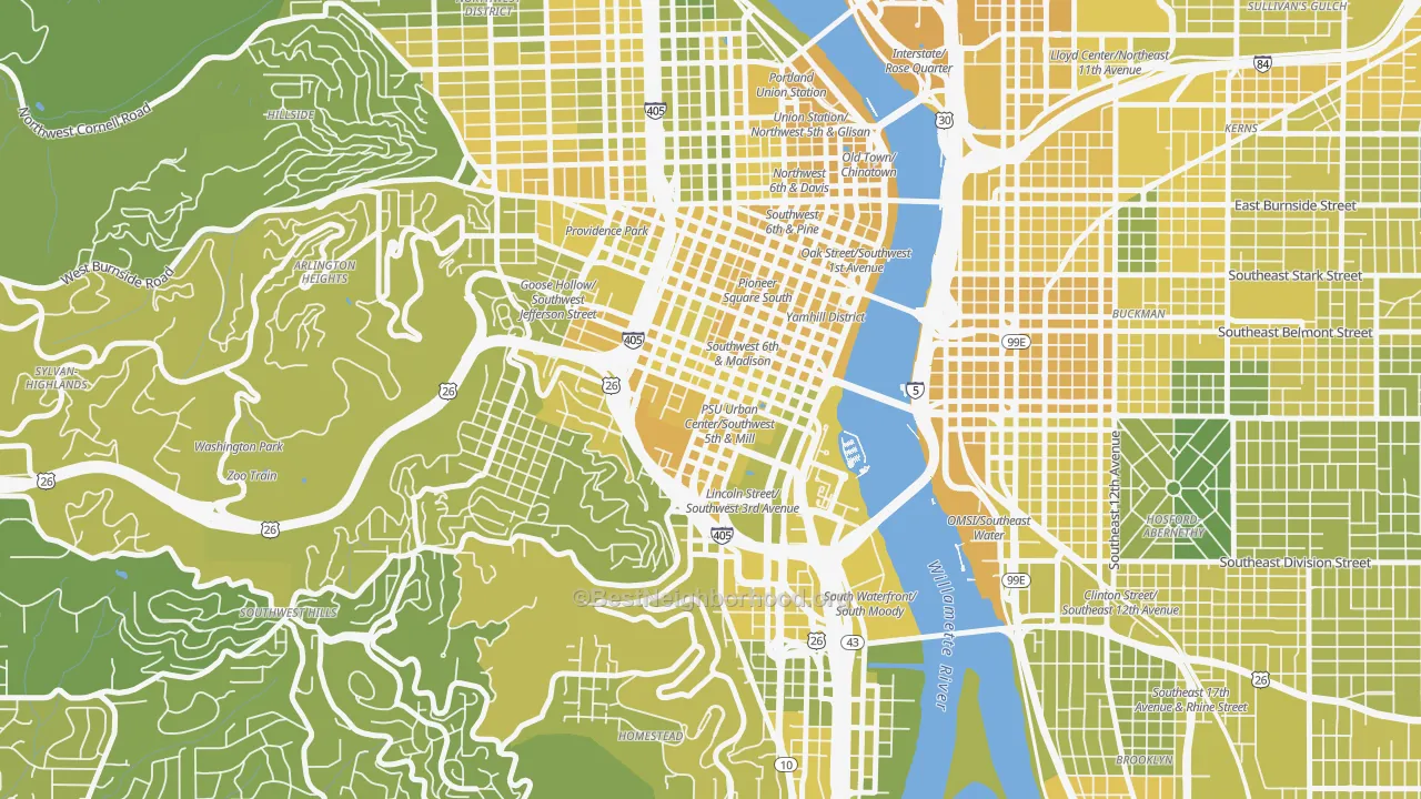 Map of the best neighborhoods in the University District, Portland area, with better matches in green and worse matches in red