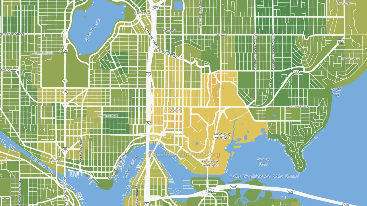 Map of the best neighborhoods in the University District, Seattle area, with better matches in green and worse matches in red