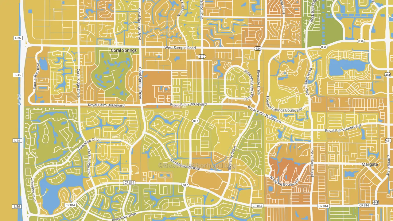 Map of the best neighborhoods in the University Drive, Coral Springs area, with better matches in green and worse matches in red