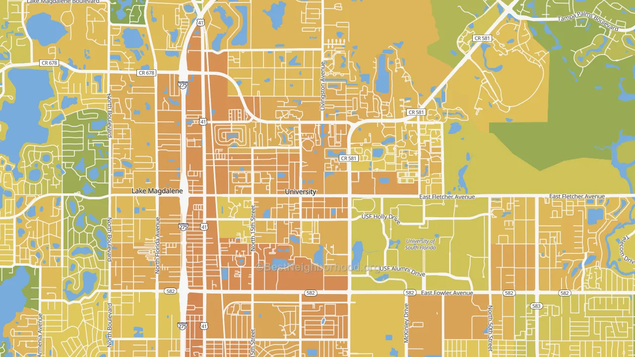 Map of the best neighborhoods in the University area, with better matches in green and worse matches in red