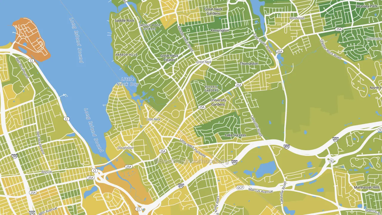 Map of the best neighborhoods in the University Gardens, Great Neck area, with better matches in green and worse matches in red
