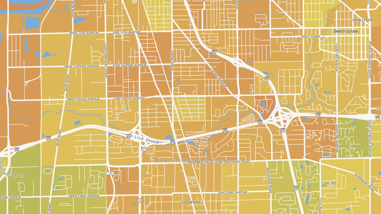Map of the best neighborhoods in the University Heights and Rosedale Hills, Indianapolis area, with better matches in green and worse matches in red