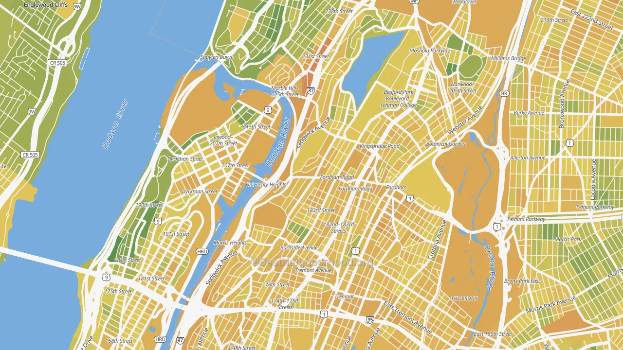 Map of the best neighborhoods in the University Heights, Bronx area, with better matches in green and worse matches in red