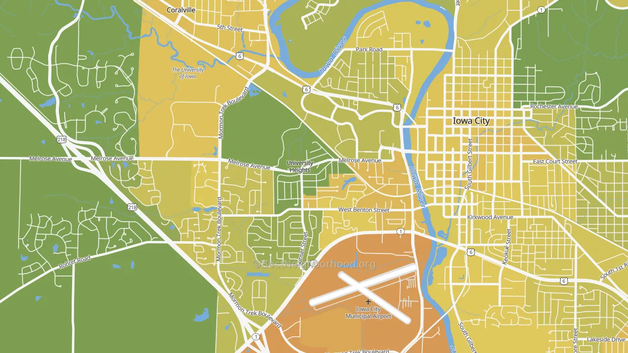 Map of the best neighborhoods in the University Heights area, with better matches in green and worse matches in red