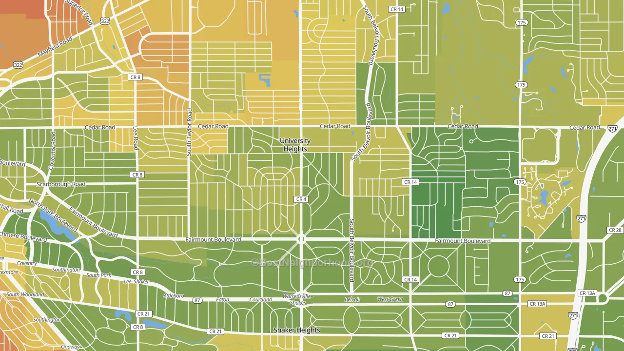 Map of the best neighborhoods in the University Heights area, with better matches in green and worse matches in red