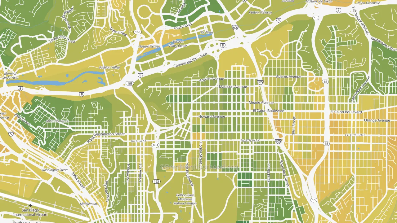 Map of the best neighborhoods in the University Heights, San Diego area, with better matches in green and worse matches in red
