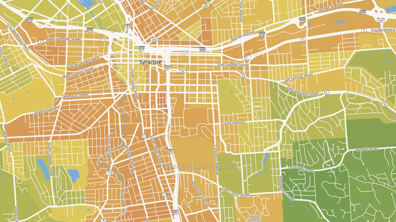 Map of the best neighborhoods in the University Hill, Syracuse area, with better matches in green and worse matches in red