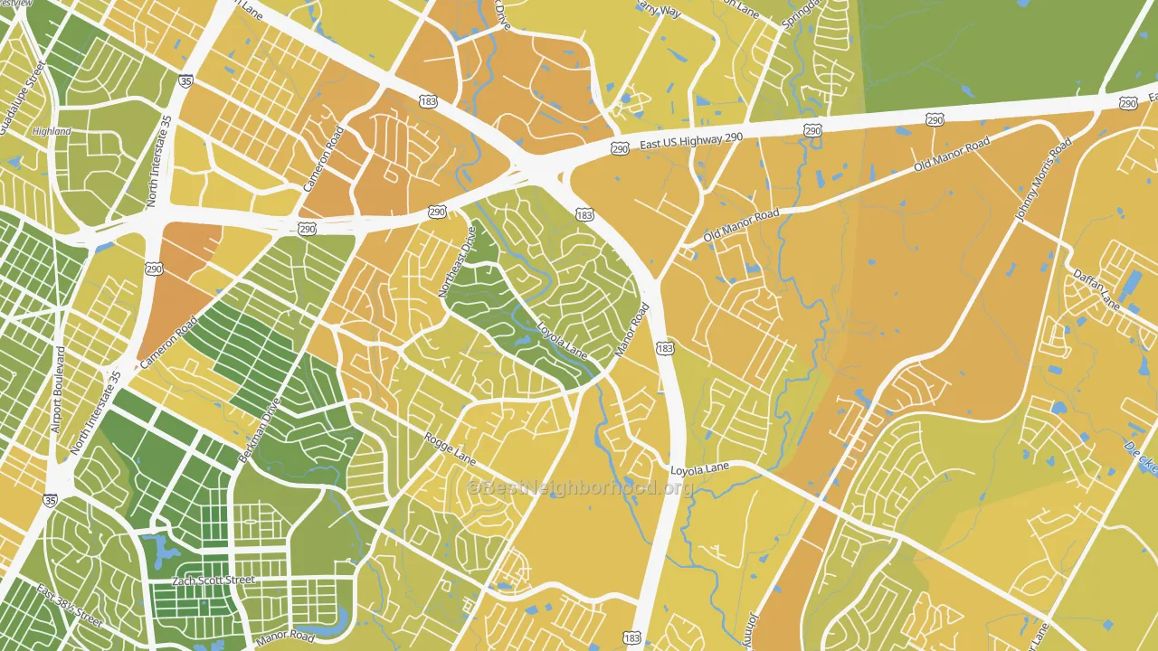 Map of the best neighborhoods in the University Hills, Austin area, with better matches in green and worse matches in red