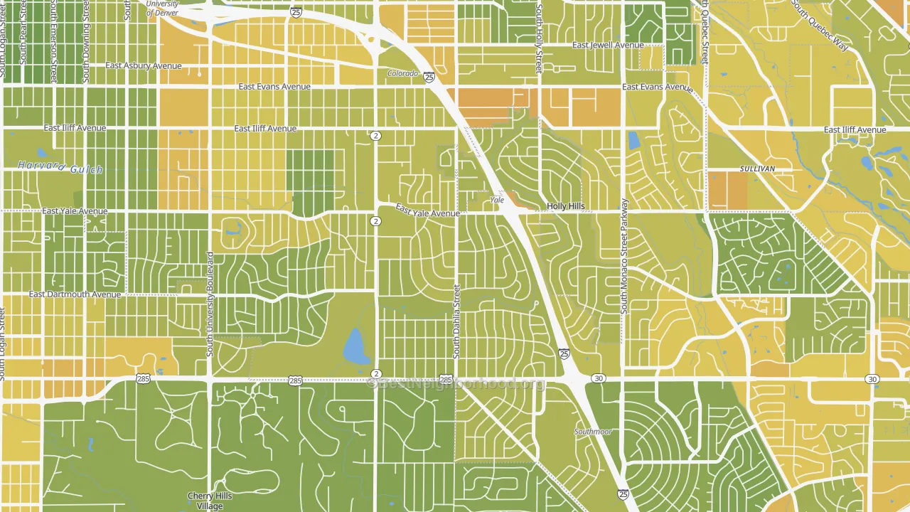 Map of the best neighborhoods in the University Hills, Denver area, with better matches in green and worse matches in red