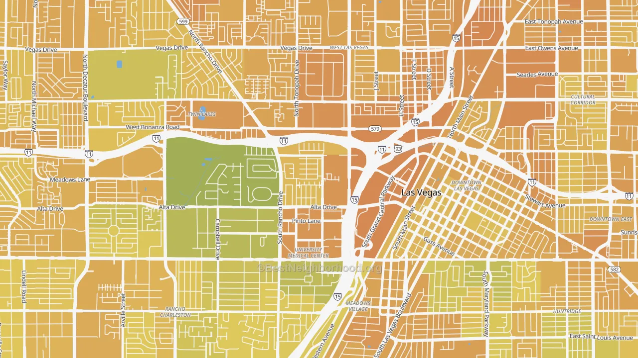Map of the best neighborhoods in the University Medical Center, Las Vegas area, with better matches in green and worse matches in red