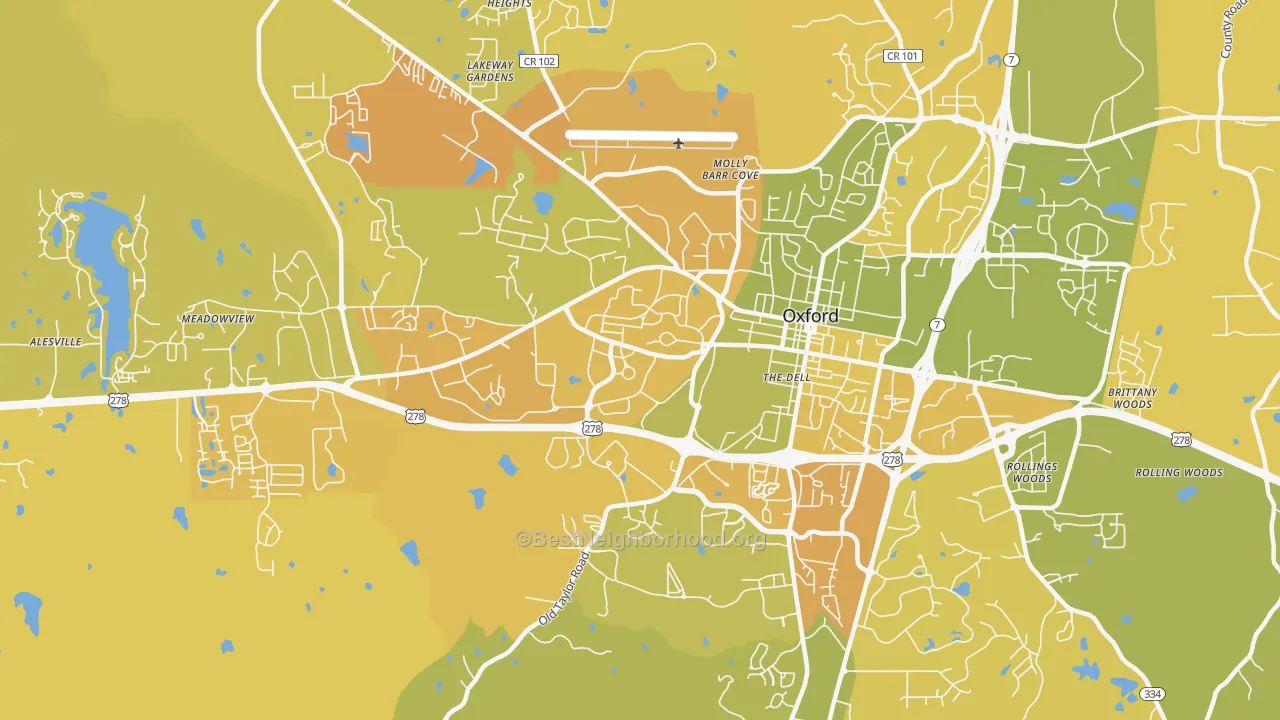 Map of the best neighborhoods in the University area, with better matches in green and worse matches in red