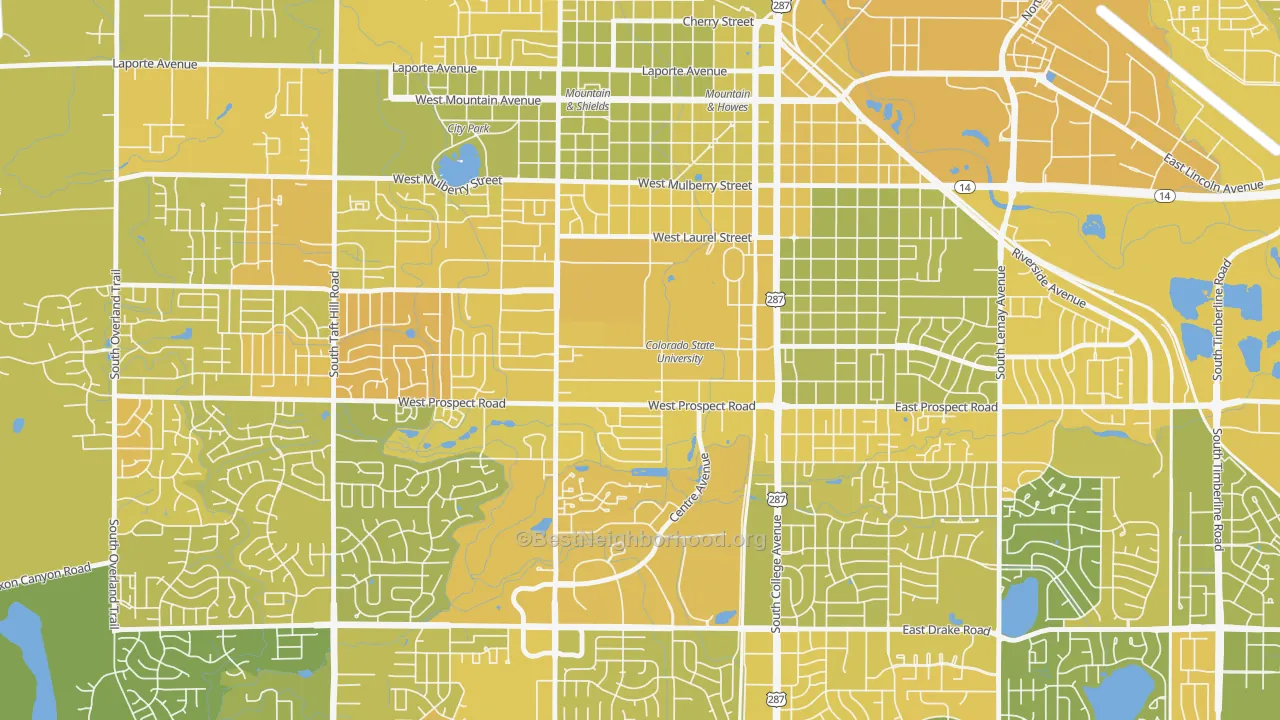 Map of the best neighborhoods in the University North, Fort Collins area, with better matches in green and worse matches in red