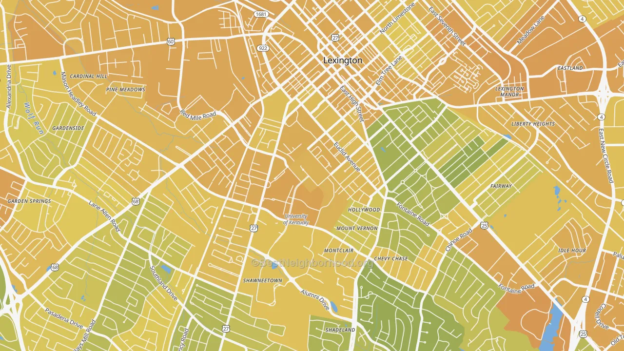 Map of the best neighborhoods in the University of Kentucky, Lexington area, with better matches in green and worse matches in red