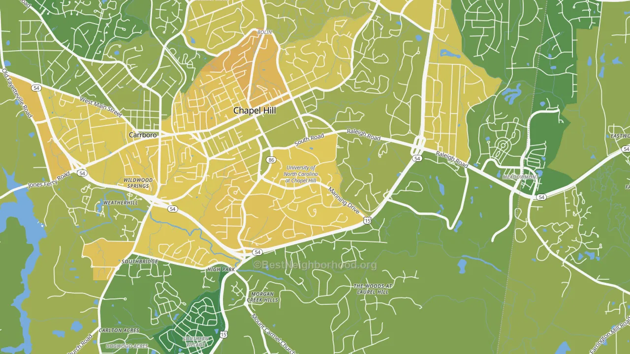 Map of the best neighborhoods in the University of NC at Chapel Hill, Chapel Hill area, with better matches in green and worse matches in red
