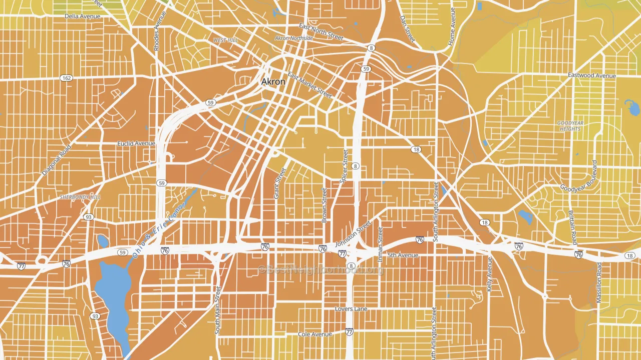 Map of the best neighborhoods in the University of Ohio Akron, Akron area, with better matches in green and worse matches in red