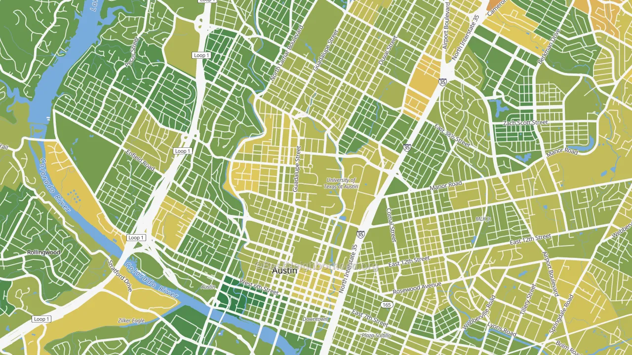 Map of the best neighborhoods in the University Of Texas, Austin area, with better matches in green and worse matches in red