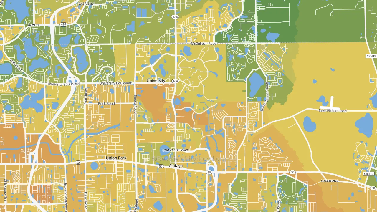 Map of the best neighborhoods in the university, Orlando area, with better matches in green and worse matches in red