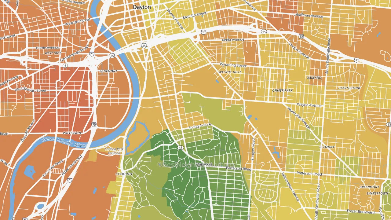 Map of the best neighborhoods in the University Park, Dayton area, with better matches in green and worse matches in red