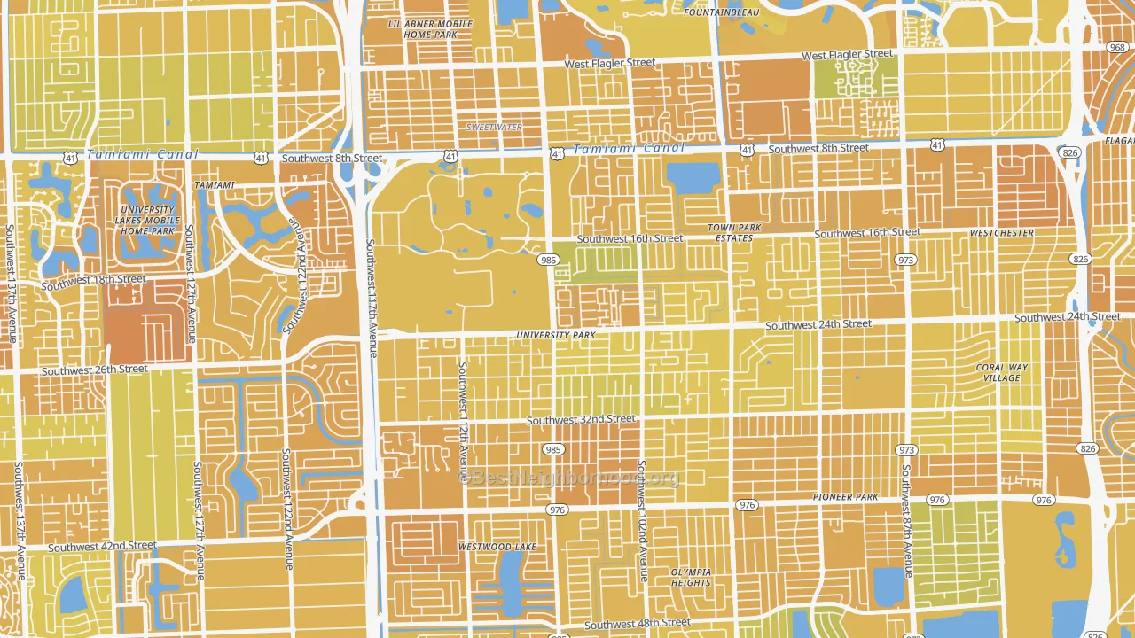 Map of the best neighborhoods in the University Park area, with better matches in green and worse matches in red
