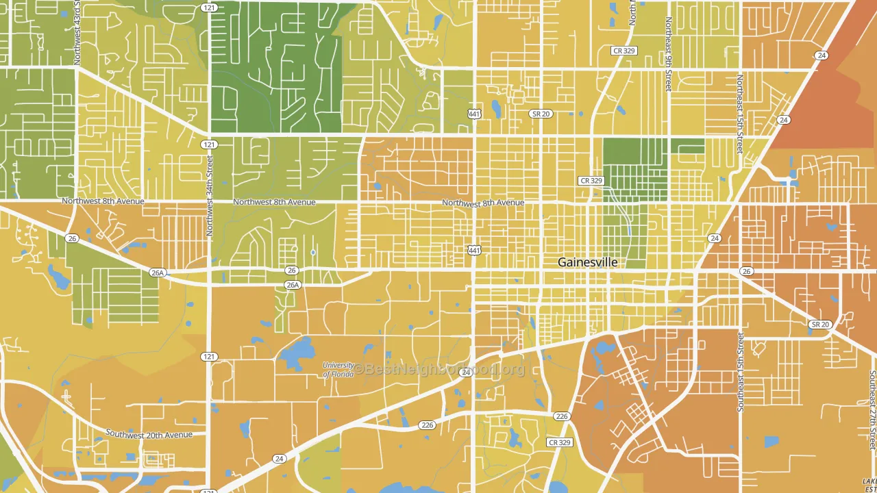 Map of the best neighborhoods in the University Park-Gainsville, Gainesville area, with better matches in green and worse matches in red