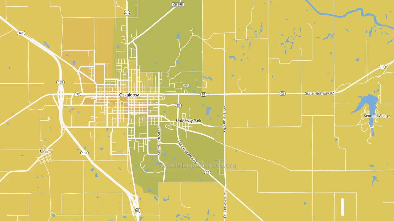 Map of the best neighborhoods in the University Park area, with better matches in green and worse matches in red