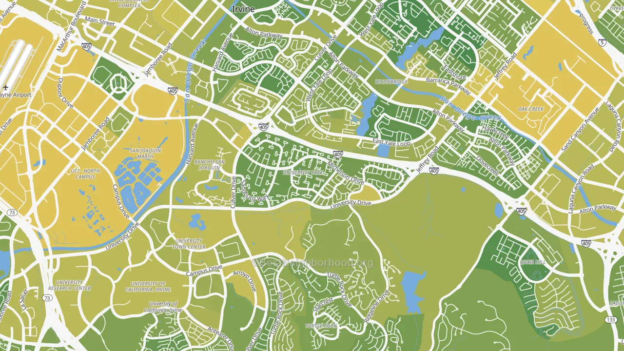 Map of the best neighborhoods in the University Park, Irvine area, with better matches in green and worse matches in red
