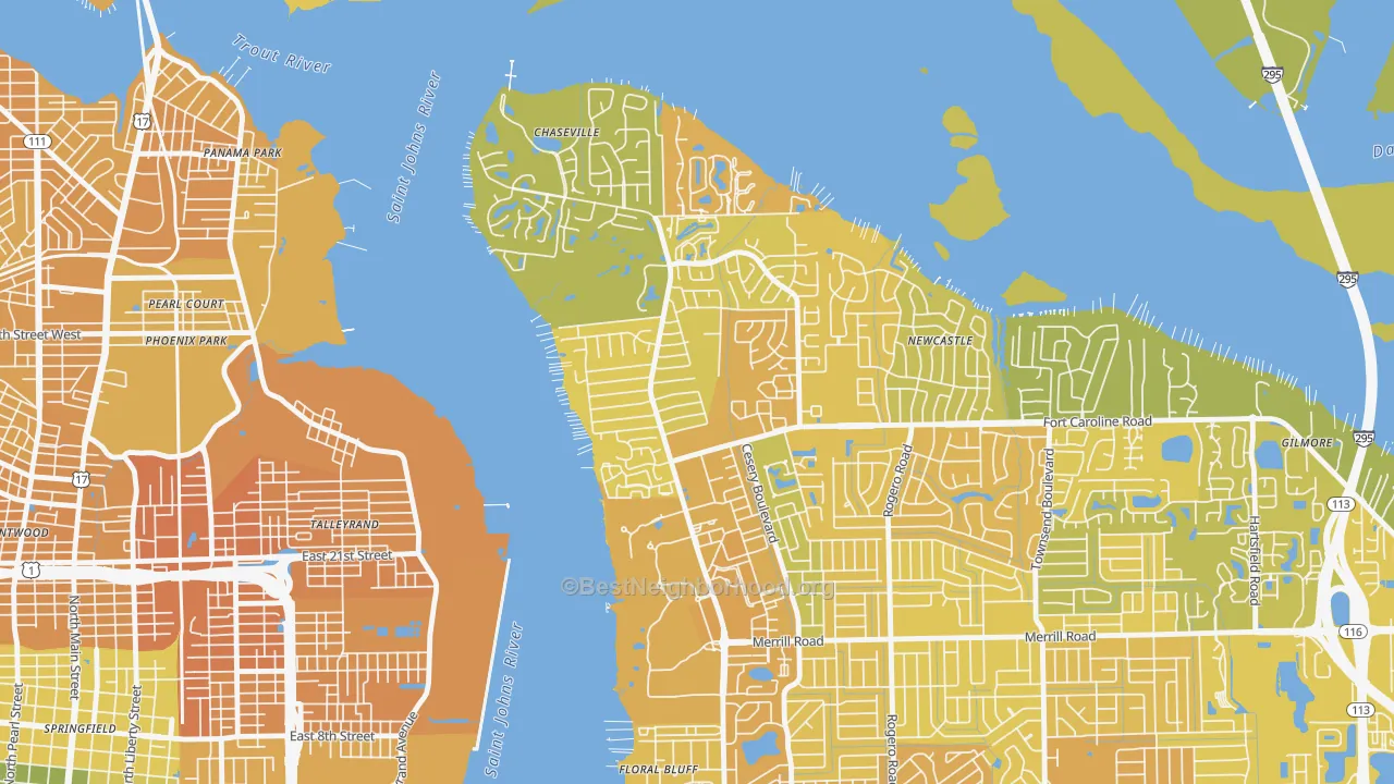 Map of the best neighborhoods in the University Park-Jacksonville, Jacksonville area, with better matches in green and worse matches in red