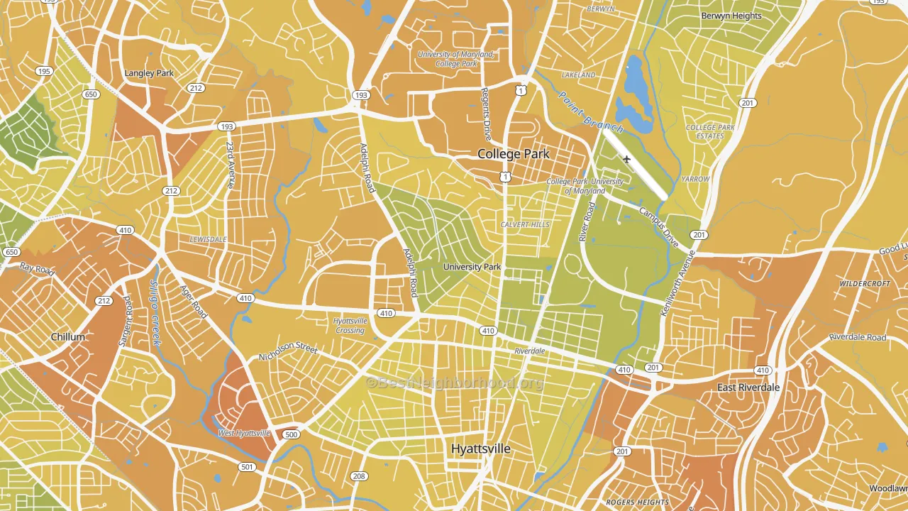 Map of the best neighborhoods in the University Park area, with better matches in green and worse matches in red