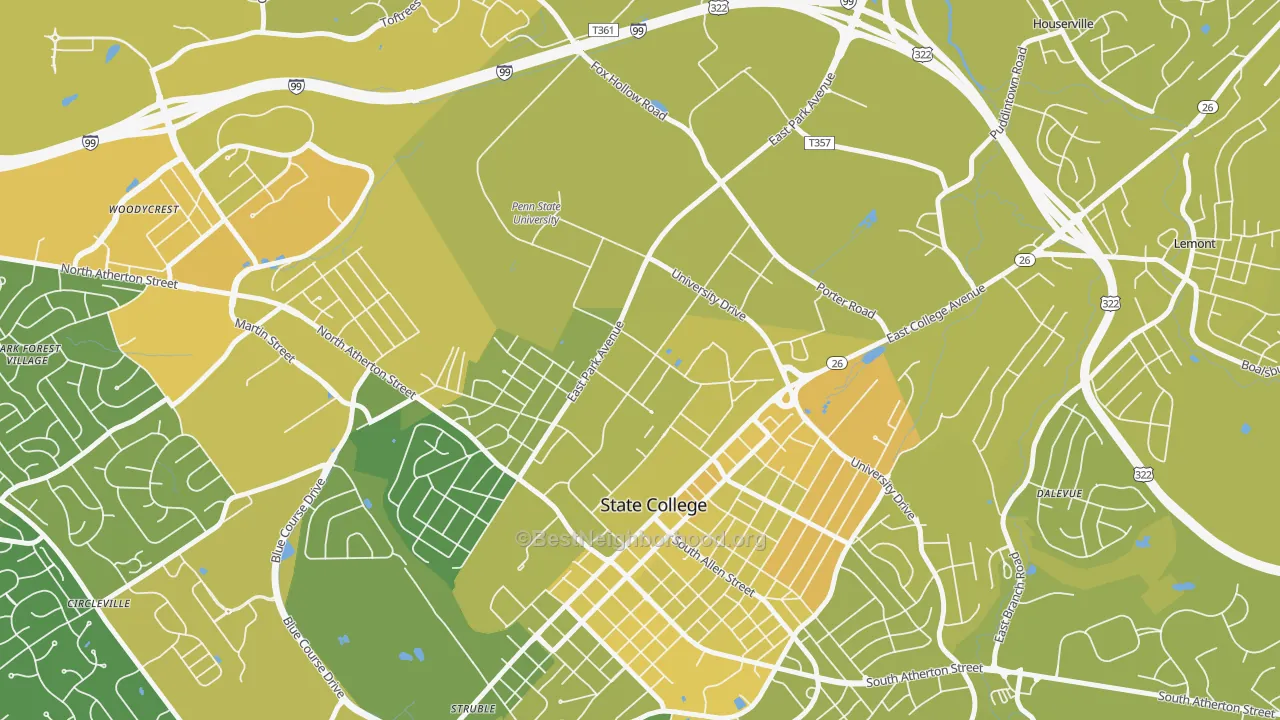 Map of the best neighborhoods in the University Park area, with better matches in green and worse matches in red