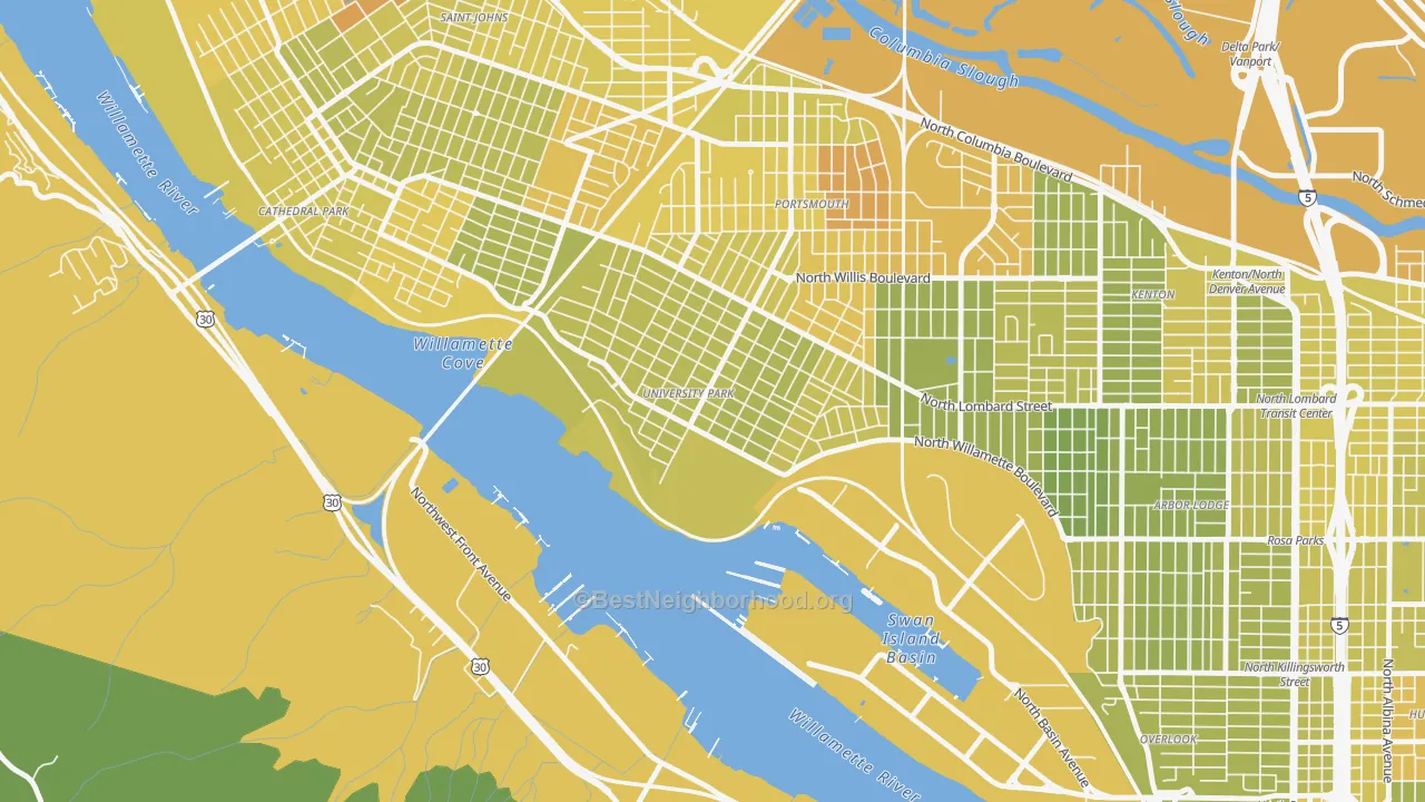 Map of the best neighborhoods in the University Park, Portland area, with better matches in green and worse matches in red