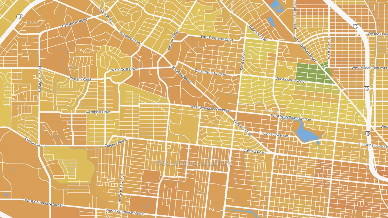 Map of the best neighborhoods in the University Park-San Antonio, San Antonio area, with better matches in green and worse matches in red