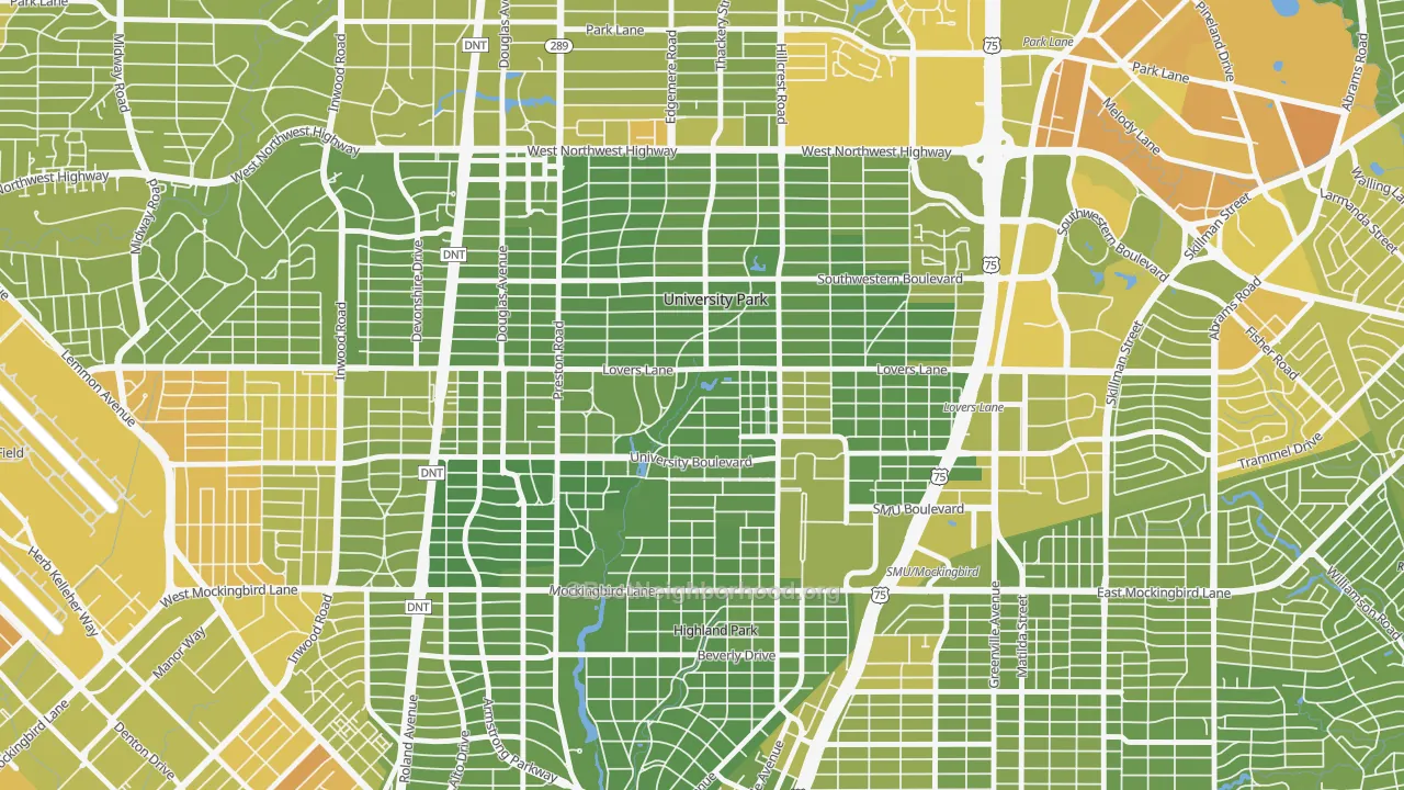 Map of the best neighborhoods in the University Park area, with better matches in green and worse matches in red