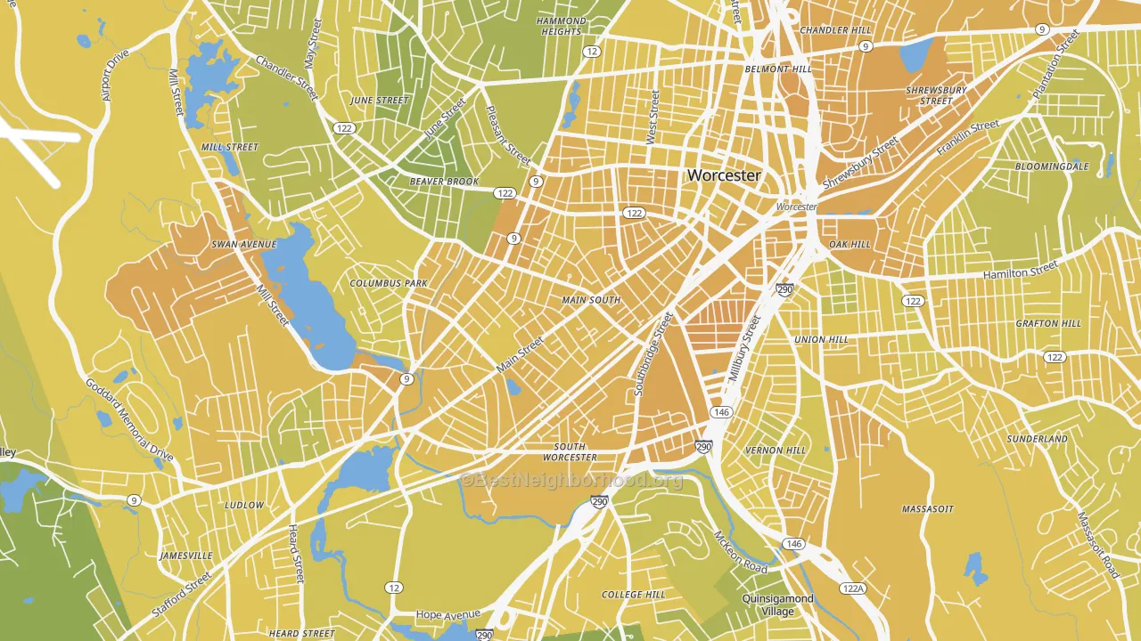 Map of the best neighborhoods in the University Park, Worcester area, with better matches in green and worse matches in red